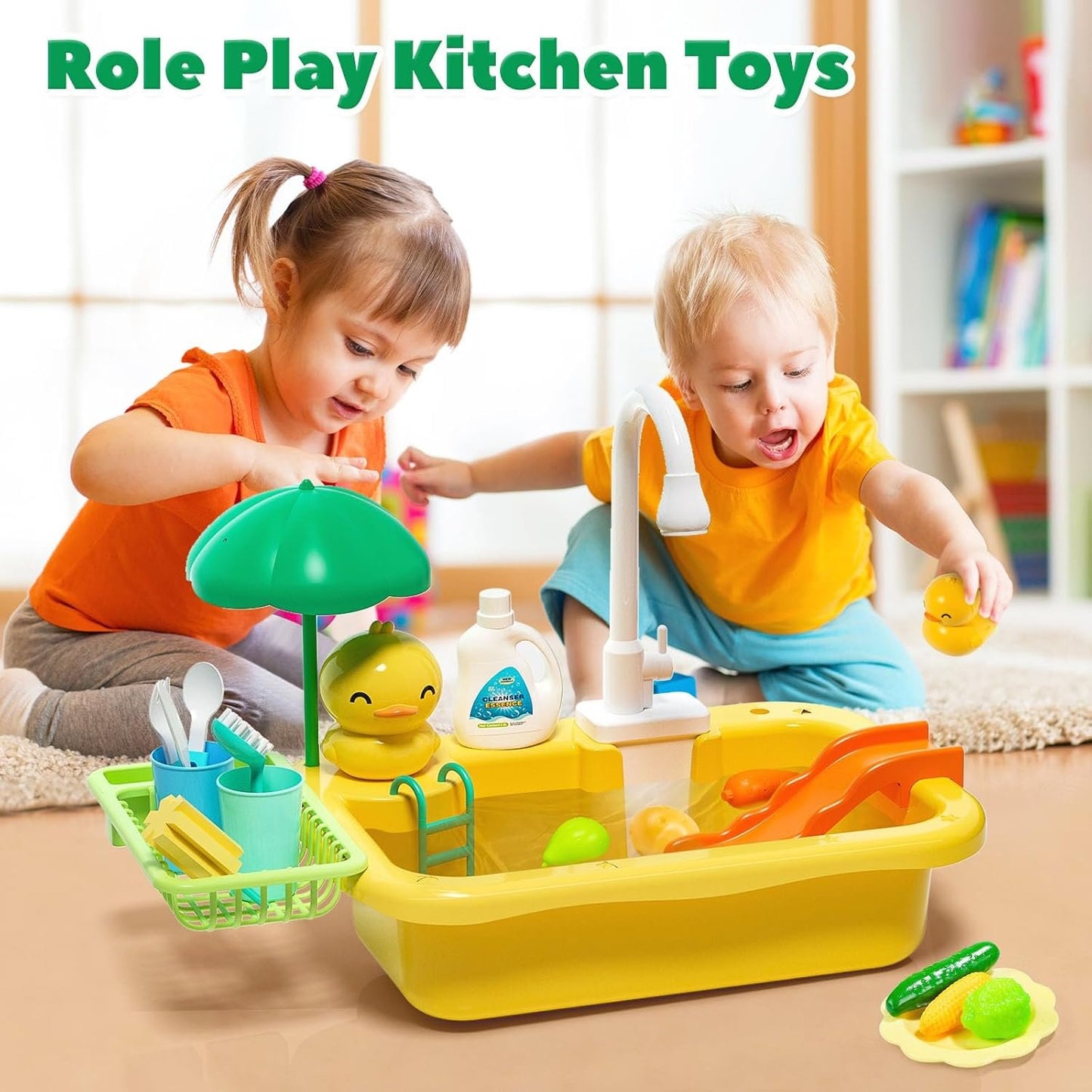 CUTE STONE Play Sink with Running Water, Kitchen Sink Toys with Upgraded Electric Faucet, Play Food Toys, Pool Floating Fishing Toys for Water Play, Kids Role Play Dishwasher Toy Gift for Boys Girls