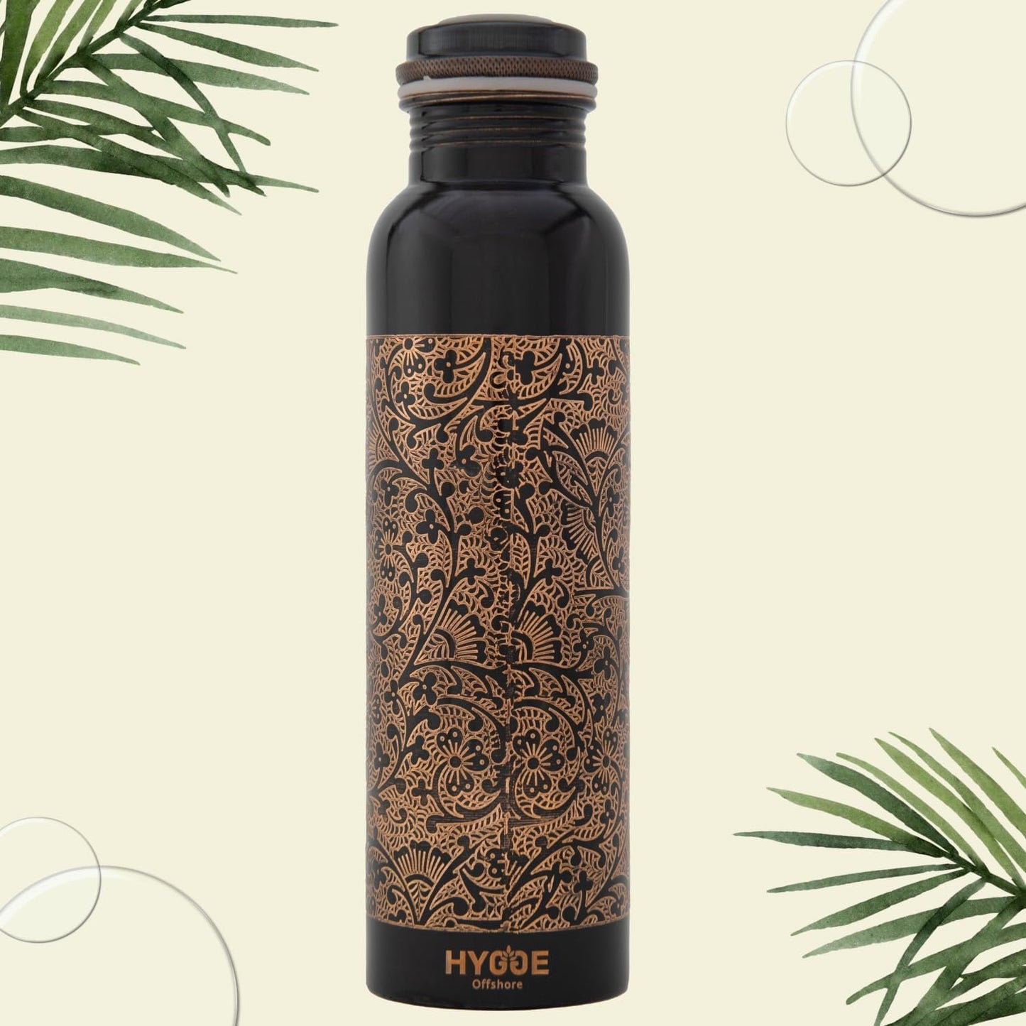 HYGGE 34oz (1L) Pure Copper Water Bottle – Ayurvedic Copper Bottle with Lid – Leak-Proof, Antique Embossed Design – Travel Water Bottle for Gym, Office, Hiking, Yoga – Eco-Friendly Drinkware