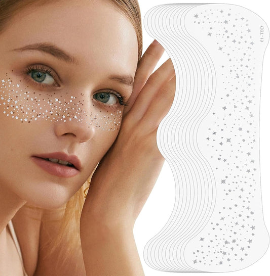12PCS Glitter Freckles Face Tattoo, Sparkle Stickers for Women, Face Patches, Glow Up Makeup Accessories for Girls (SILVER)