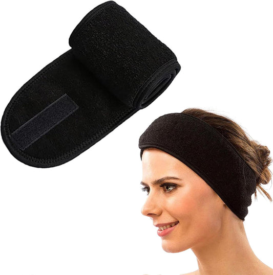 1 Piece Adjustable Microfibre Hair Band with Magic Tape, Makeup Sponge Headband for Face and Shower, Hair Band for Women Makeup Spa for Yoga Sport-Black