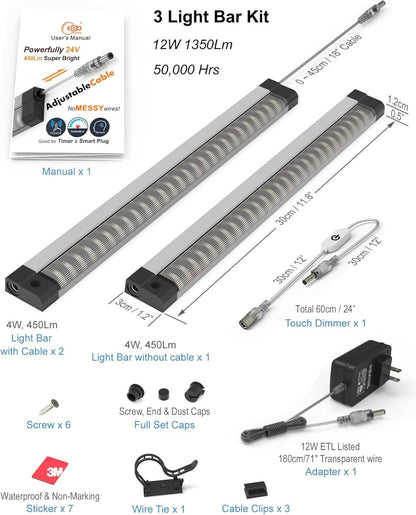 LED light Bar Built-in ADIUSTABLE Cable Under Cabinet Lights No MESSY Wires! Super Bright Kitchen Under Counter Lights 3 Panels 1050Lm 3000K Warm White under cabinet lighting Good for Timer Smart Plug