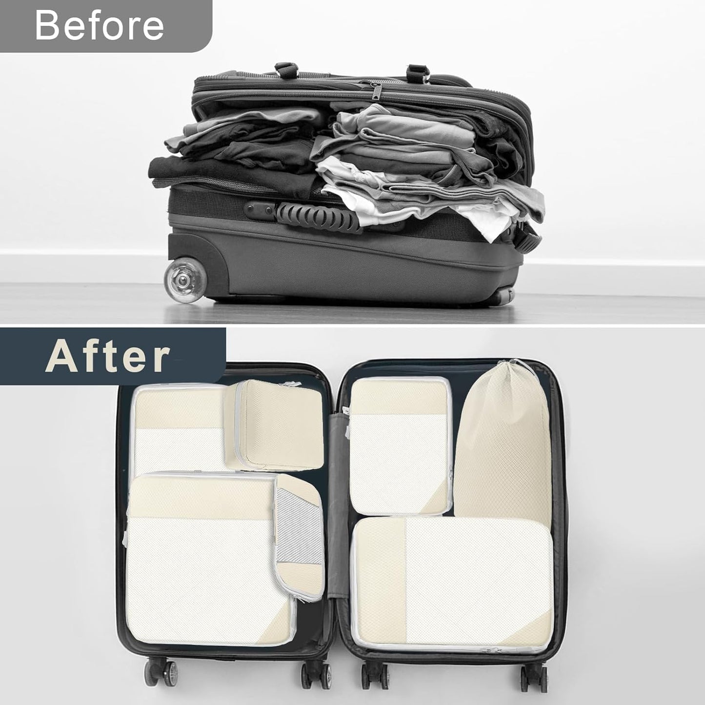 Lannvan Organizer Suitcases, Set of 7 Compression Packing Cubes, beige