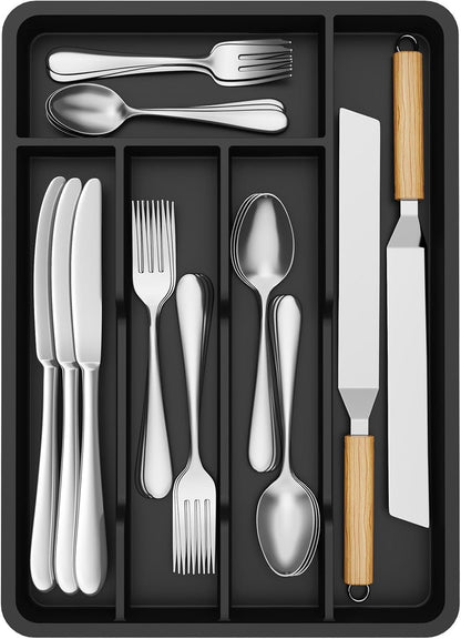 Lifewit Silverware Tray, Deep Wide Cutlery Drawer Organizer Storage for Kitchen, Plastic Flatware Utensil Holder Divider for Spoons Forks Knives Tableware, 5 Compartment, Black