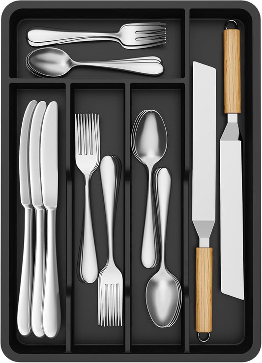 Lifewit Silverware Tray, Deep Wide Cutlery Drawer Organizer Storage for Kitchen, Plastic Flatware Utensil Holder Divider for Spoons Forks Knives Tableware, 5 Compartment, Black