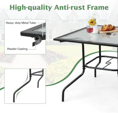 HAPPYGRILL Patio Square Dining Table 35" x 35", Outdoor Dining Table with Tempered Glass Tabletop & 1.5" Umbrella Hole, Metal Bistro Table for Garden Backyard and Porch