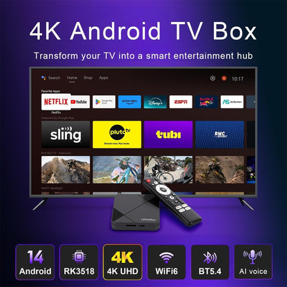 LEFFOT Android 14.0 TV Box, RK3518 4K UHD Streaming Device for TV, 2GB RAM + 16GB ROM, Smart TV Box with HDR10, Voice Control, 2.4G & 5G WiFi 6, 100M Ethernet, BT 5.4, USB 3.0, RK3518 Quad Core A53