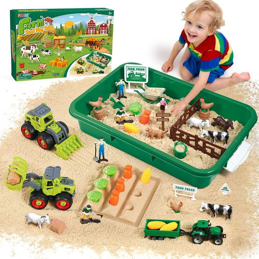 FRUSE Play Sand Farm Animal Toys,Sensory Bins for Toddlers with 1KG Sensory Play Sand,Farm Figures & Tractor Playset,Sandbox for Kids 3 4 5 6 7