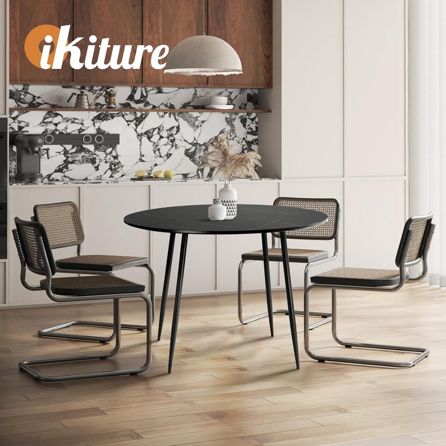 Oikiture 110cm Round Dining Table with Marble Table Top and Metal Legs Black