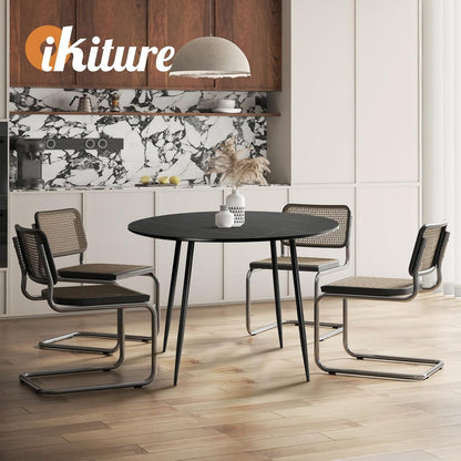 Oikiture 110cm Round Dining Table with Marble Table Top and Metal Legs Black