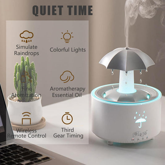 Umbrella Humidifier for Bedroom, Rotate Umbrella Rain Humidifier with Remote Control, 300ML Aroma Diffuser, 7 Colors Mood Light, Timer and Waterless Auto-Off, Air Humidifiers for Desk