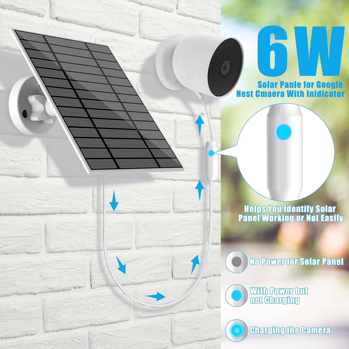 6W Solar Panel Compatible with Google Nest Camera Outdoor & Indoor (Battery Version), Solar Power Charger for Google Nest Cam with Indicator Light,13ft Cable IP66 Weatherproof Solar Panel