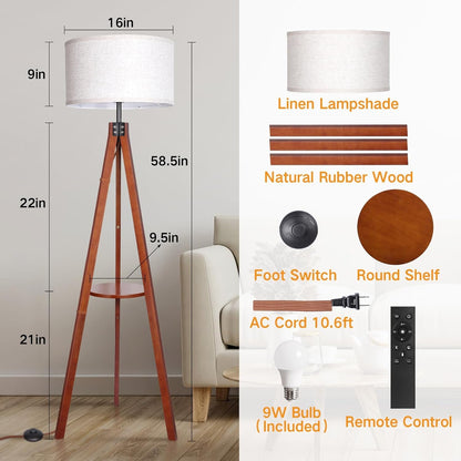 OUTON Dimmable Wood Tripod Floor Lamp with Shelves, Remote Control, Mid Century Modern Standing Lamp 58.5" for Bedroom, Living Room & Office, Beige Lamp Shade Include E26 9W Bulb