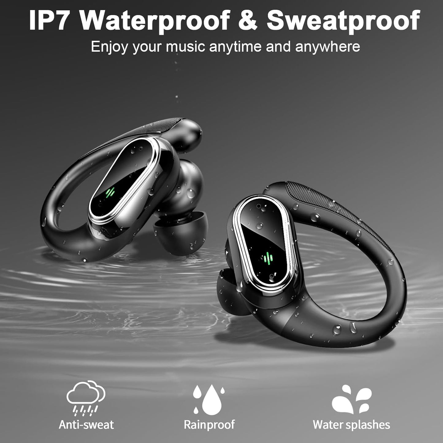 Wireless Earbuds, Bluetooth 5.3 Headphones Sport, Bluetooth Ear Buds with Noise Canceling Mics, 50H Stereo Wireless Headphones with EarHooks, LED Display, IP7 Waterproof Earphones for Running, Black