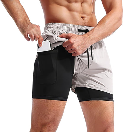BROKIG Men's 2 in 1 Running Shorts, Quick Dry Sport Shorts Workout Fitness Gym Shorts Men with Zip Pockets