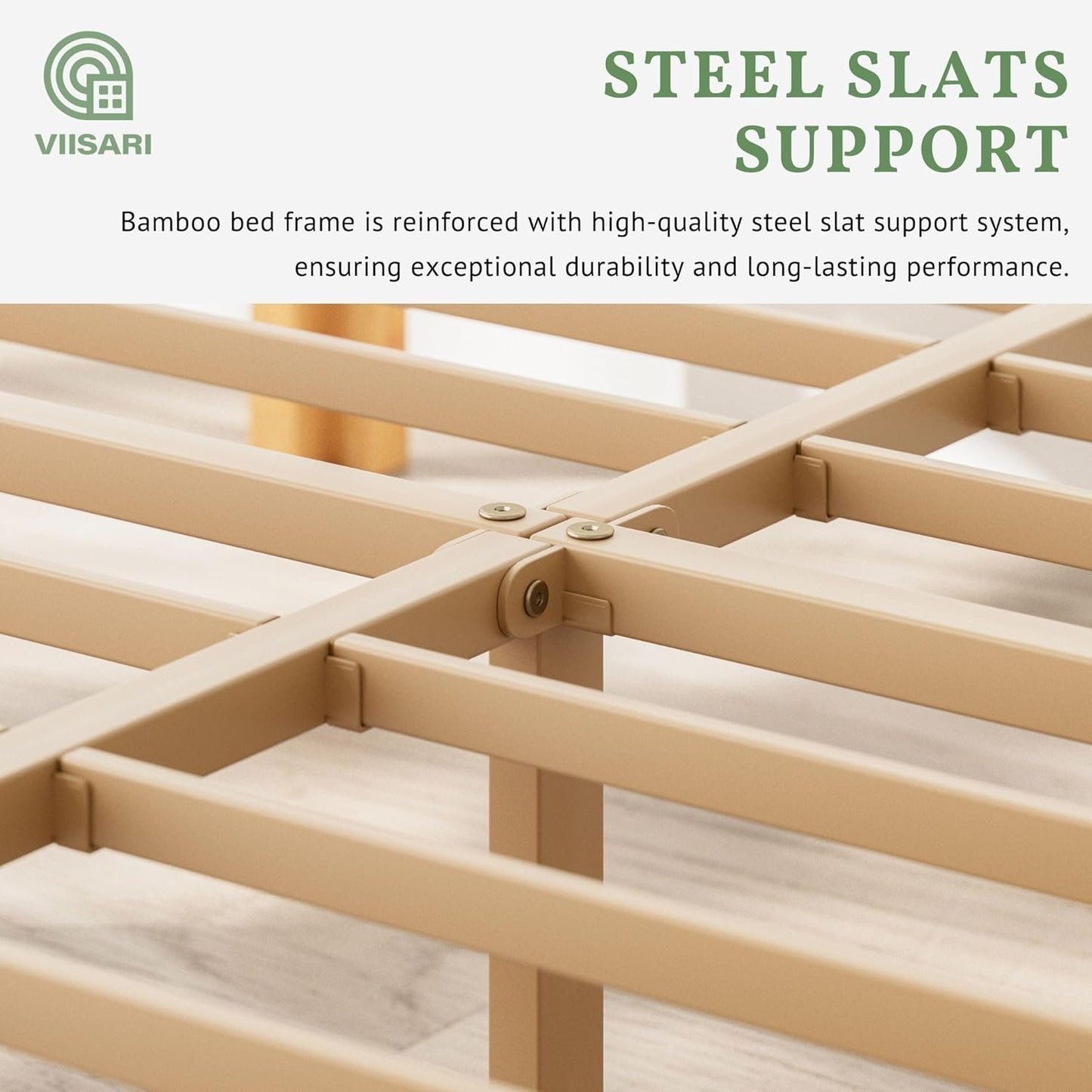 Viisari Bamboo Wood Twin Bed Frame No Box Spring Needed, 10 Inch Twin Platform Bed Frame with Steel Slats, Solid Foundation, Easy to Assembled, Noise-Free