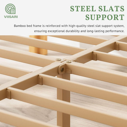 Viisari Bamboo Wood Twin Bed Frame No Box Spring Needed, 10 Inch Twin Platform Bed Frame with Steel Slats, Solid Foundation, Easy to Assembled, Noise-Free