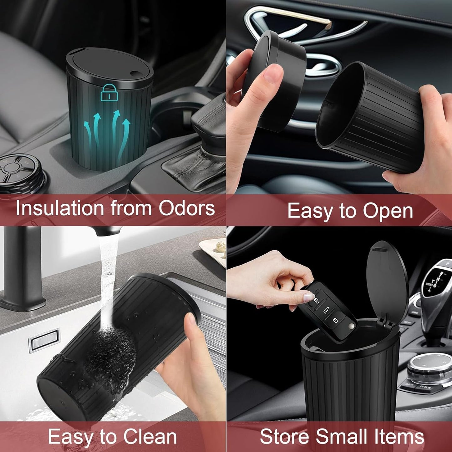 KILDOWS Car Rubbish Bin, Mini Dustbin with Black Lid Waterproof Portable Bin with 4 Rolls Garbage Bags Interior Accessories for Car Office Home