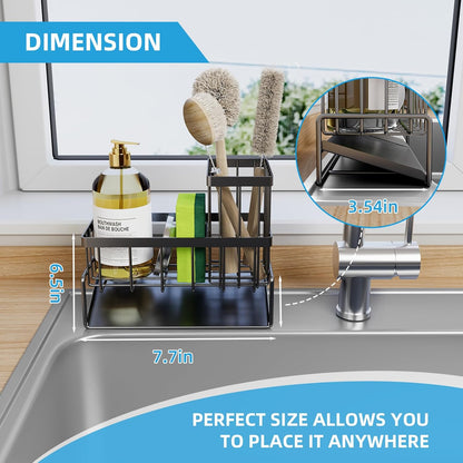 Sponge Holder for Kitchen Sink - Rustproof Sink Caddy with Brush Holder, Kitchen Sink Organizers and Storage Dish Soap Dispenser Home Essentials Organization Accessories (Black, With Brush Holder)