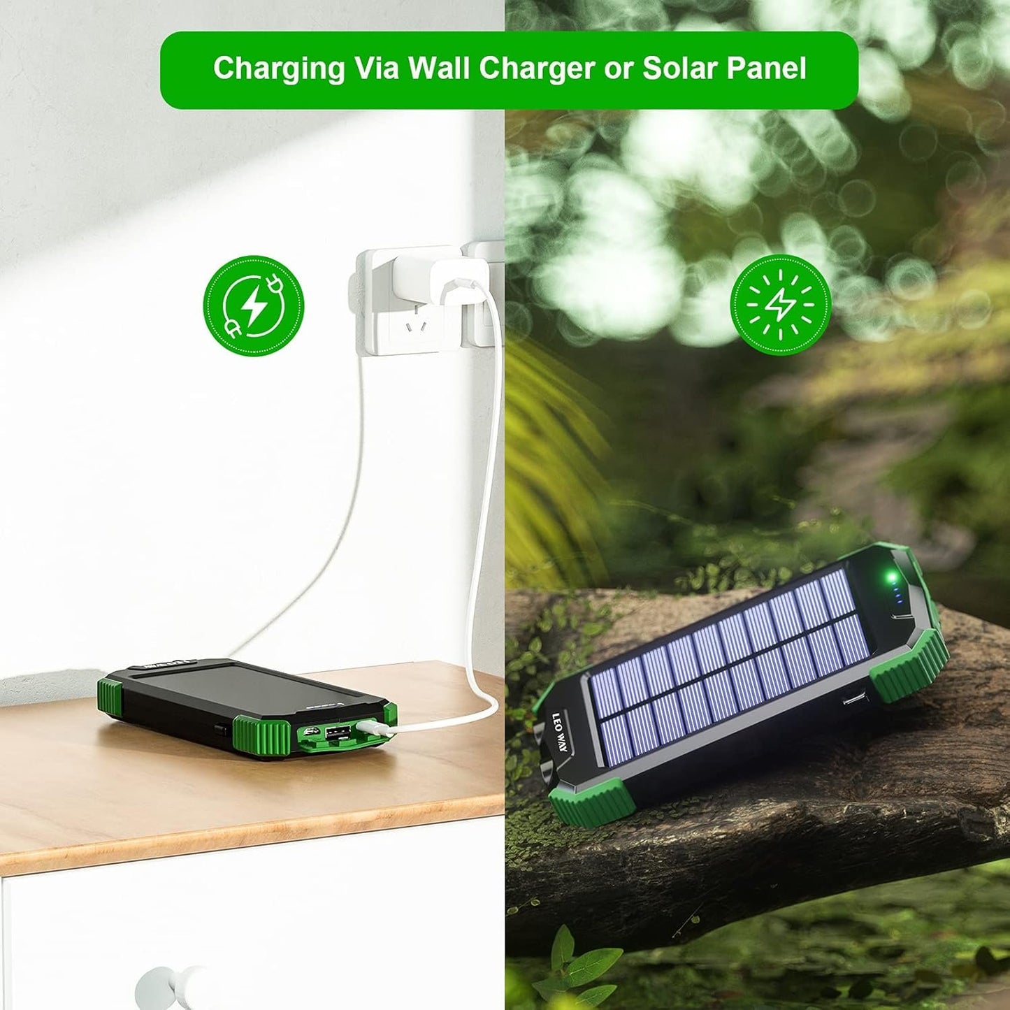 Solar Power Bank, Solar Charger 10000mAh QI Wireless Charger Portable External Battery Pack, Solar Panel Charging with Compass Dual Flashlight Outdoor Camping(Green)
