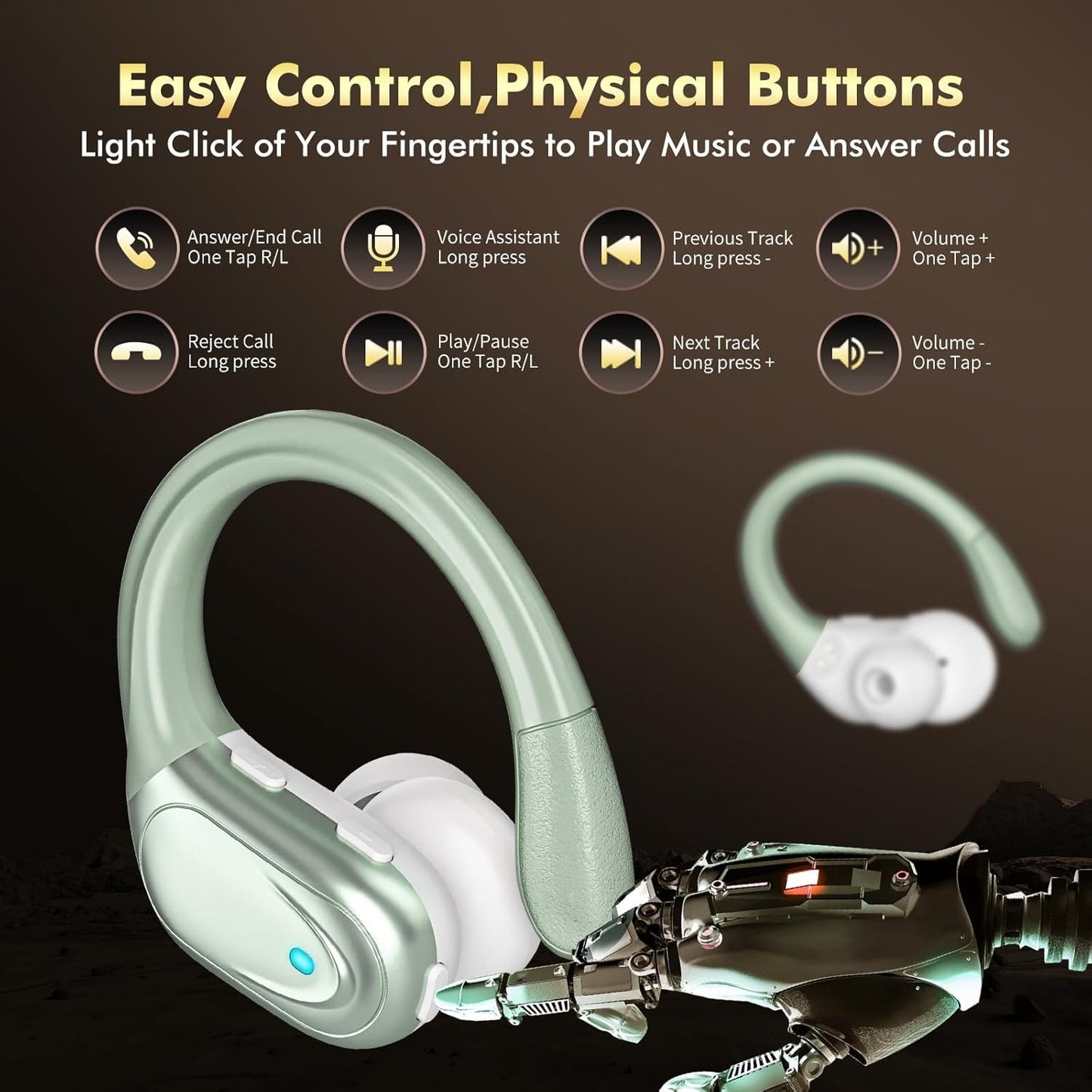 Wireless Earbuds Bluetooth Headphones 80hrs Playback Ear Buds Power Display with Noise Canceling Mic with Earhooks for Sports/Workout/Running Light Cyan