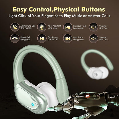 Wireless Earbuds Bluetooth Headphones 80hrs Playback Ear Buds Power Display with Noise Canceling Mic with Earhooks for Sports/Workout/Running Light Cyan