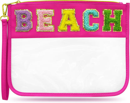 Chenille Letter Clear Beach Bag Nylon Makeup Zipper Pouch, Travel Cosmetic Toiletry Sun Spf Sunscreen Bag, Waterproof Beach Vacation Essentials Necessities Accessories for Women (Rose Red-Beach)