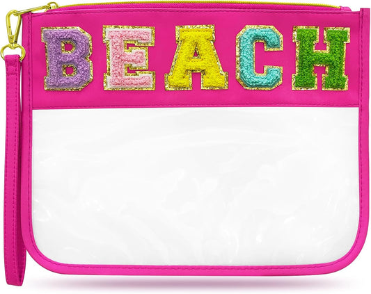 Chenille Letter Clear Beach Bag Nylon Makeup Zipper Pouch, Travel Cosmetic Toiletry Sun Spf Sunscreen Bag, Waterproof Beach Vacation Essentials Necessities Accessories for Women (Rose Red-Beach)