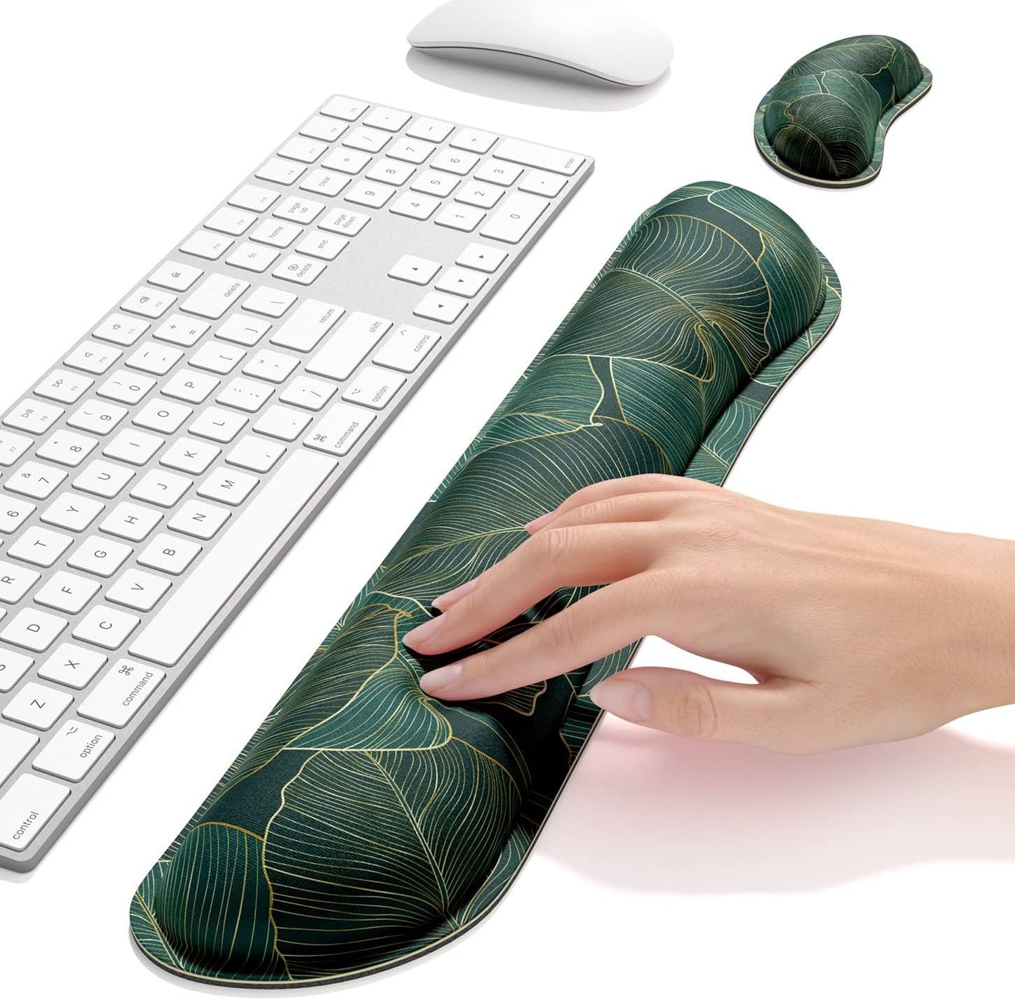 Dapesuom Enlarge Keyboard Wrist Rest Pad,Memory Foam Set Wrist Cushion Support for Easy Typing & Pain Relief,Mouse Wrist Pad, Anti-Slip Wrist Support for Gaming,Computer, Laptop, Office, Green Leaf