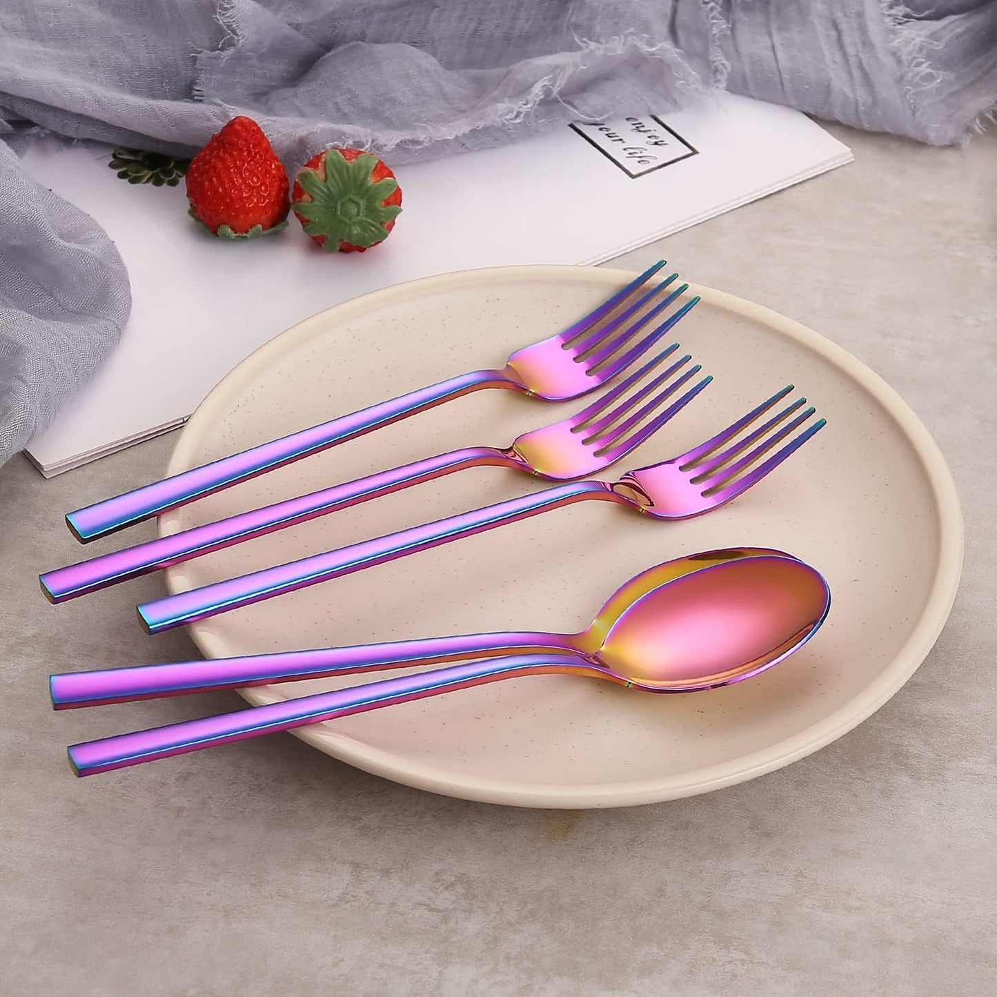 Camping Flatware 3PCS, Stainless Steel Travel Outdoor PVD Rainbow Cutlery Utensils Set Chopsticks Spoon Fork. Portable Work Utensils Cutlery Set with a Wheat Straw Case (Rainbow)
