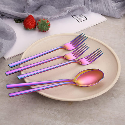 Camping Flatware 3PCS, Stainless Steel Travel Outdoor PVD Rainbow Cutlery Utensils Set Chopsticks Spoon Fork. Portable Work Utensils Cutlery Set with a Wheat Straw Case (Rainbow)
