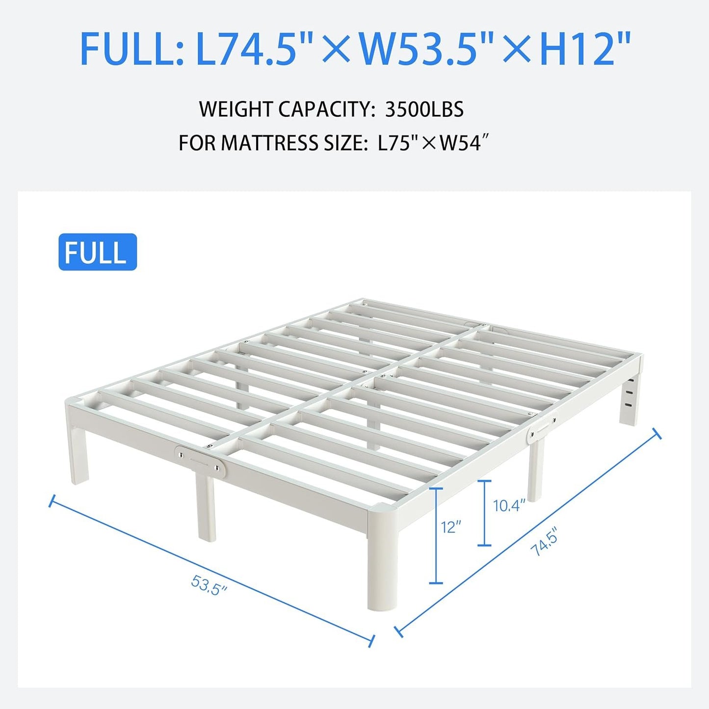 KZZLOL White Full Size Bed Frame 12 Inch, Metal Platform Bed Frame Full No Box Spring Needed, DIY Headboard, Heavy Duty Steel Support 3500 LBS, Noiseless, Round Legs, Storage Space, Easy Assemblys