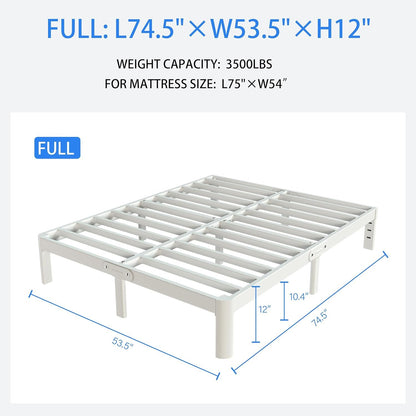 KZZLOL White Full Size Bed Frame 12 Inch, Metal Platform Bed Frame Full No Box Spring Needed, DIY Headboard, Heavy Duty Steel Support 3500 LBS, Noiseless, Round Legs, Storage Space, Easy Assemblys
