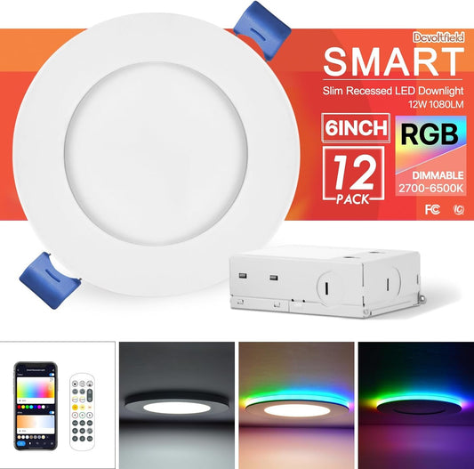 12Pack Smart RGB Recessed Lighting 6Inch,Ultra-Thin Canless LED Downlight, 2.4GHz Wi-Fi Bluetooth Direct Connect, 2700K-6500K,12W,1080LM,Work with Tuya App, Alexa,Google Assistant, Music Sync