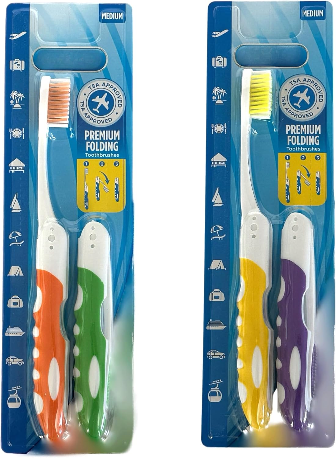 ALAZCO Comfort Hold Travel Toothbrush On The Go Folding Medium Bristle Brushes Compact Size Ergonomic Foldable Tooth Brush Camping Gym School Locker Backpack TSA Approved (4pc Medium)