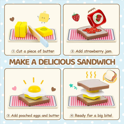 Airlab Wooden Pop-up Toaster Toy Set for Kids Play Kitchen Accessories Play Food Bread, Egg, Butter Pretend Cutting Toys Toddlers Gift for 3 4 5 Year Old Boys Girls