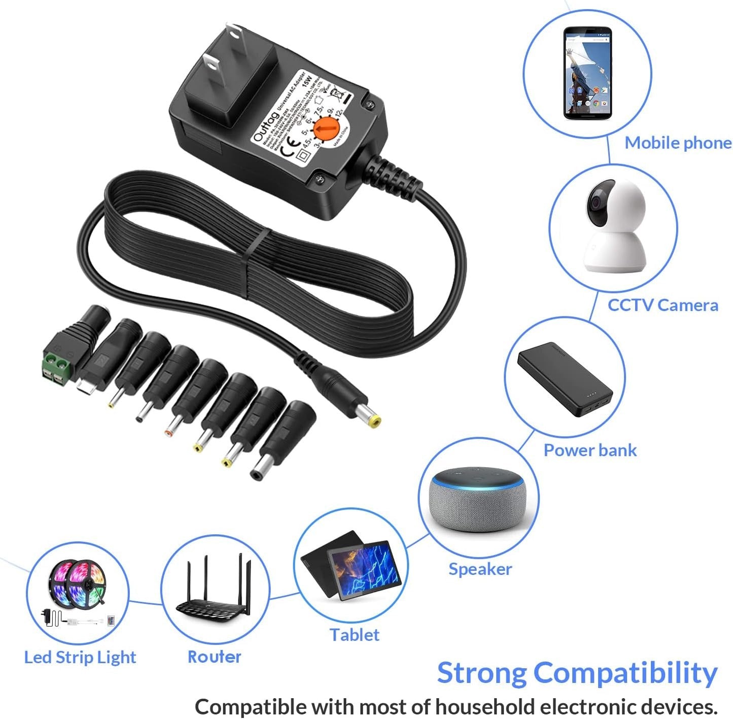 15W Universal AC Adapter 3V 4.5V 5V 6V 7.5V 9V 12V 0.5A 1A 1.25A MAX Multi Voltage Switching Power Supply Replacement for Household Electronics Routers CCTV IP Cameras Smartphone Speakers