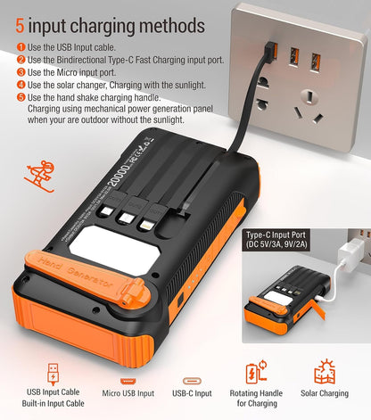 OOPOWEROO Solar Power Bank 20000mAh Built in Hand Crank and 4 Cables 22.5W Fast Charge Power Bank 5 Outputs & 5 Inputs Solar Portable Charger, SOS/Strobe/Strong Flashlights, Carabiner (Orange)