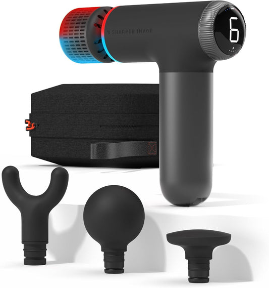 Sharper Image Powerboost Pro+ Hot & Cold Compact Percussion Massager, Dual-Temperature Node, Soothing Heat & Cold Therapy, 6 Speed, 4 Attachments, Lightweight Portable Athlete Recovery, Travel Case