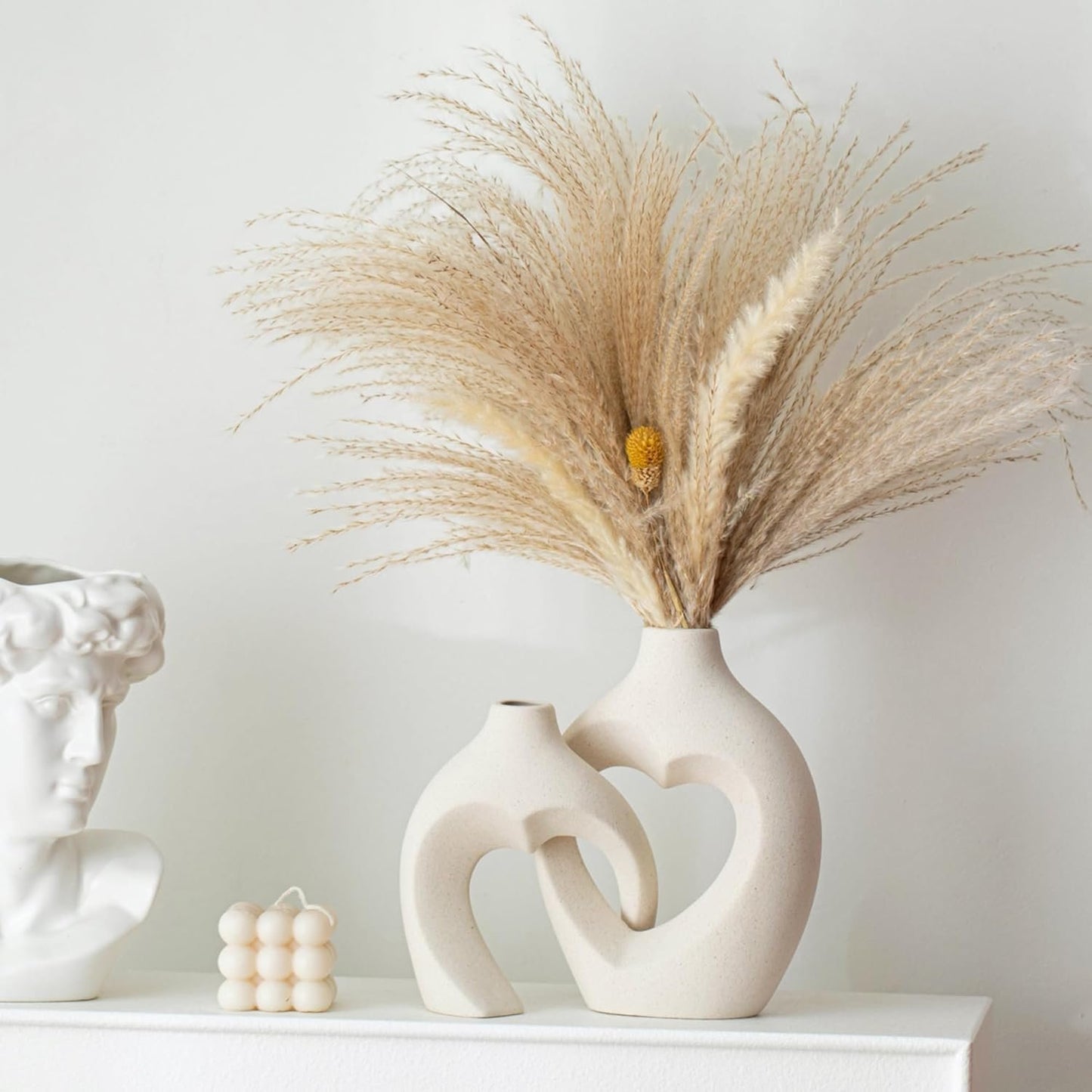 Ceramic Vase for Home Decor, Snuggle Hollow Ceramic Vase Set of 2, Nordic Modern Boho ins Style Heart Shaped Pampas Grass Flower Vases for Living Room Table Decorations (Beige W 6.3" X H 8.1")