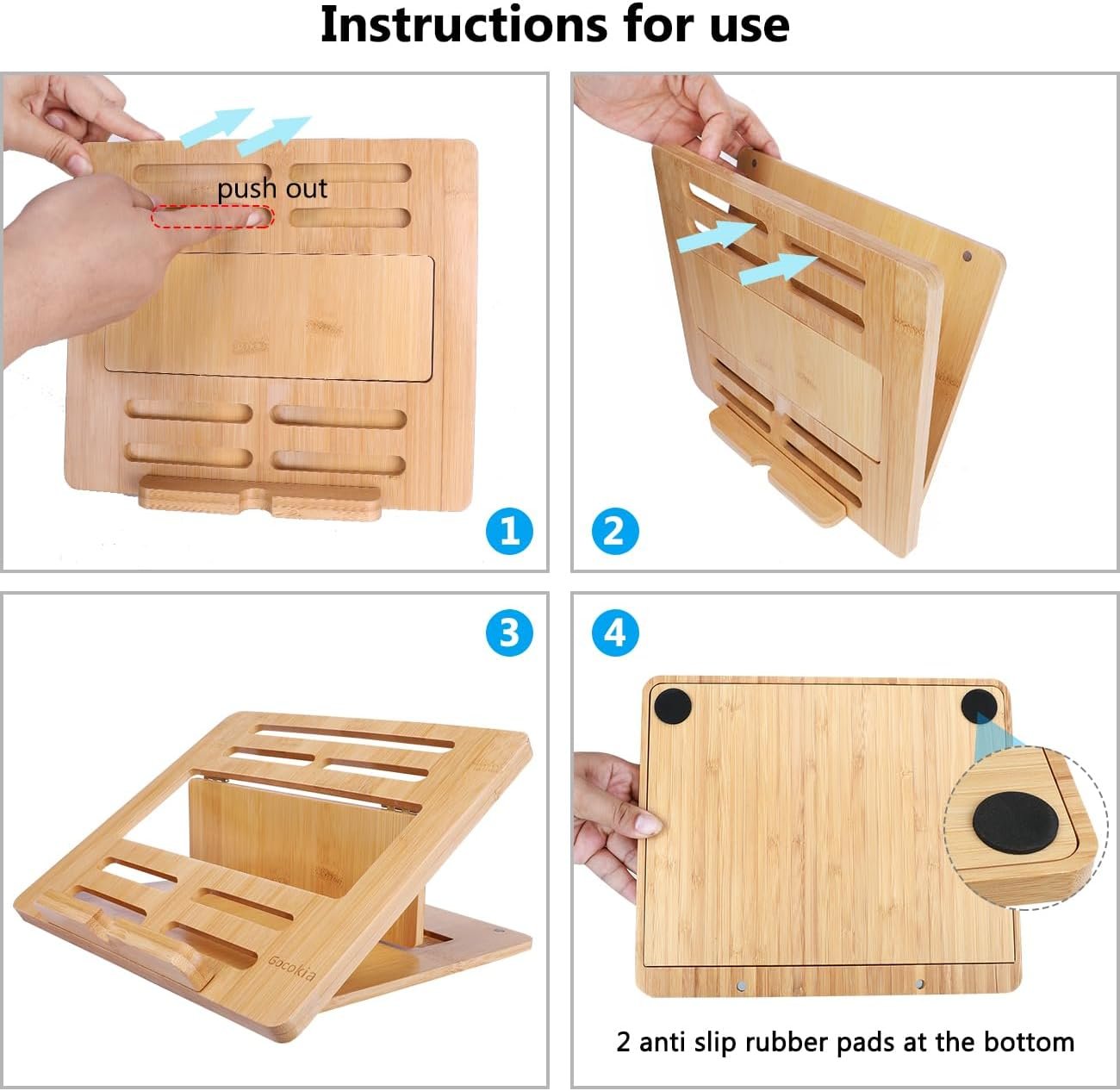 Gocokia Bamboo Fodable Laptop Notebook Riser Stand Desktop Adjustable with 4 Angles Notebook Mount Holder, Folding Laptop Cooler Stand for Macbook,Tablet,Kindle