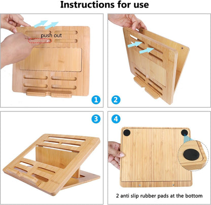 Gocokia Bamboo Fodable Laptop Notebook Riser Stand Desktop Adjustable with 4 Angles Notebook Mount Holder, Folding Laptop Cooler Stand for Macbook,Tablet,Kindle