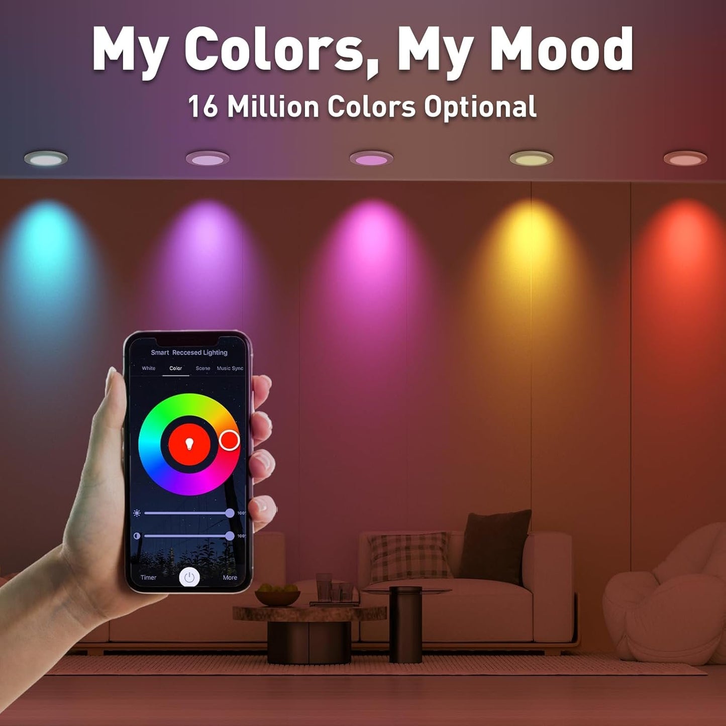 Smart Recessed Lighting 6 Inch - 6 Pack Wi-Fi Bluetooth Ultra-Thin Canless LED Recessed RGBCW Light with Junction Box 13W, 1100LM, 2700K-6500K, CRI80+ Work with Alexa/Google/Siri