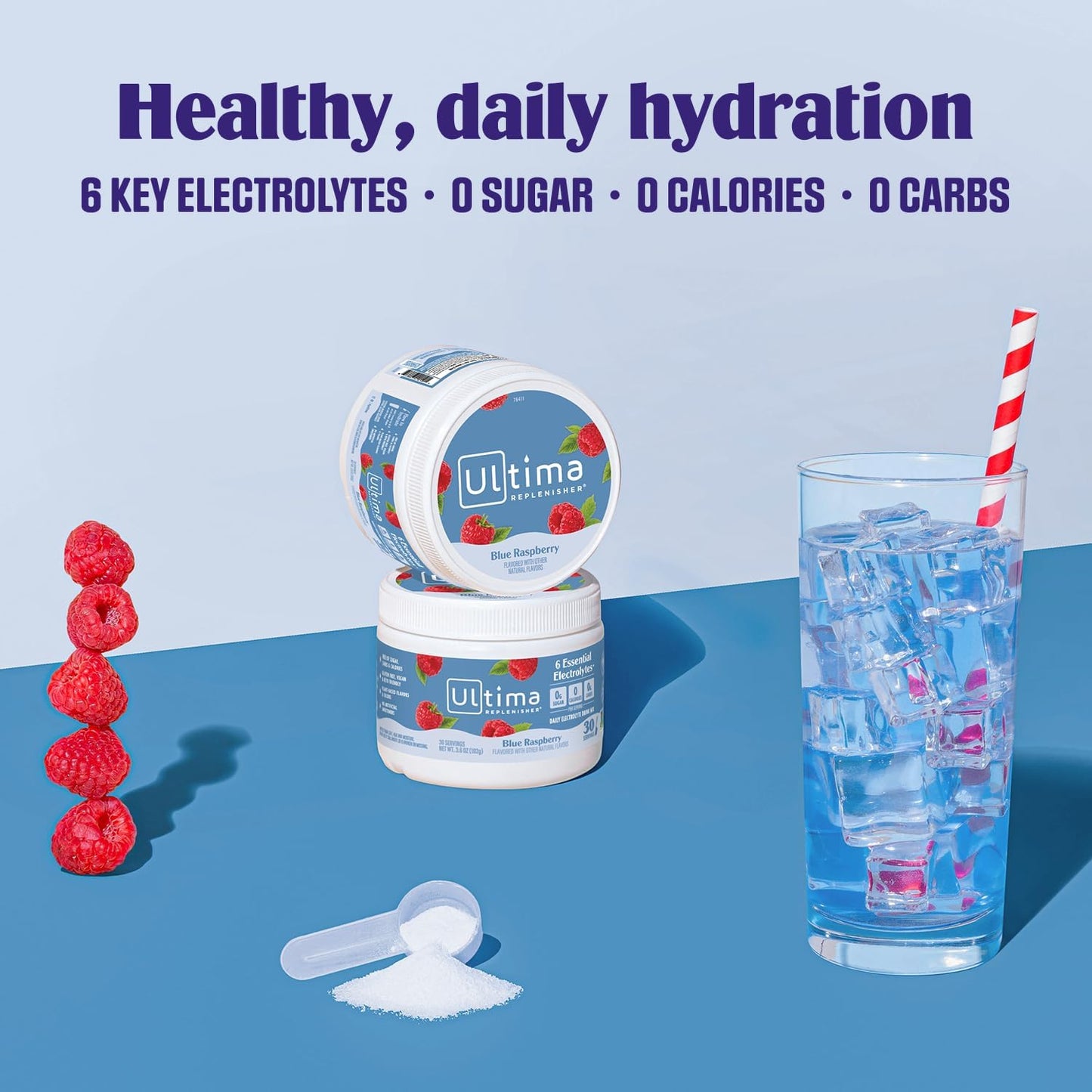 Ultima Replenisher Electrolyte Hydration Powder, Blue Raspberry, 30 Servings - Sugar Free, 0 Calories, 0 Carbs - Gluten-Free, Keto, Non-GMO, Vegan, with Magnesium, Potassium, Calcium