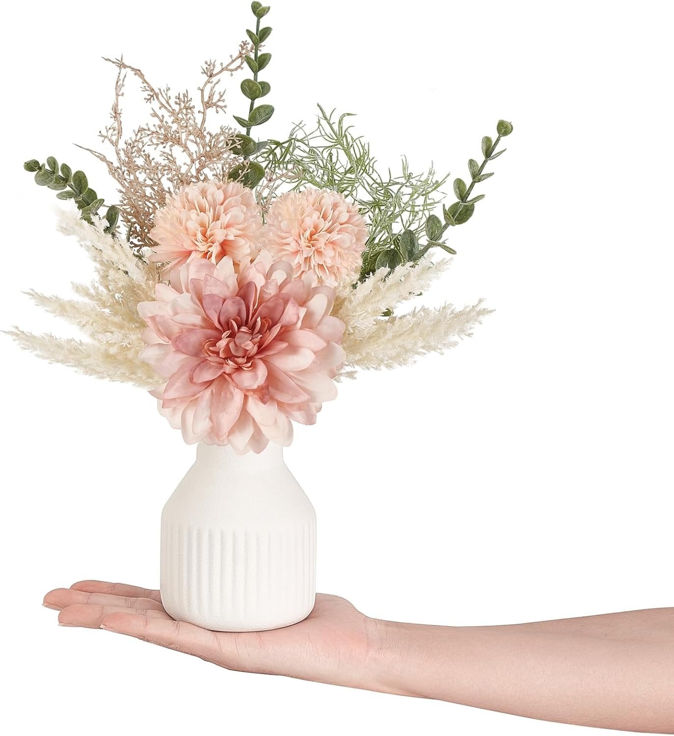 Mkono Small Artificial Flowers in Ceramic Vase 13.5" Centerpieces Coffee Table Decor, Silk Flower Arrangements for Home Decor Indoor Fake Flower Bouquet for Dining Room Kitchen Wedding Pink