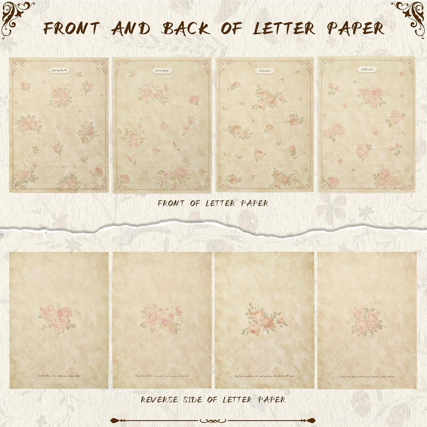 LELE LIFE Vintage Floral Stationary Paper and Envelopes Set, 4 Styles Aged Antique Lined Stationery Sets for Letter Writing Kit, 150GSM Thick Double Sided Old Paper,Style A