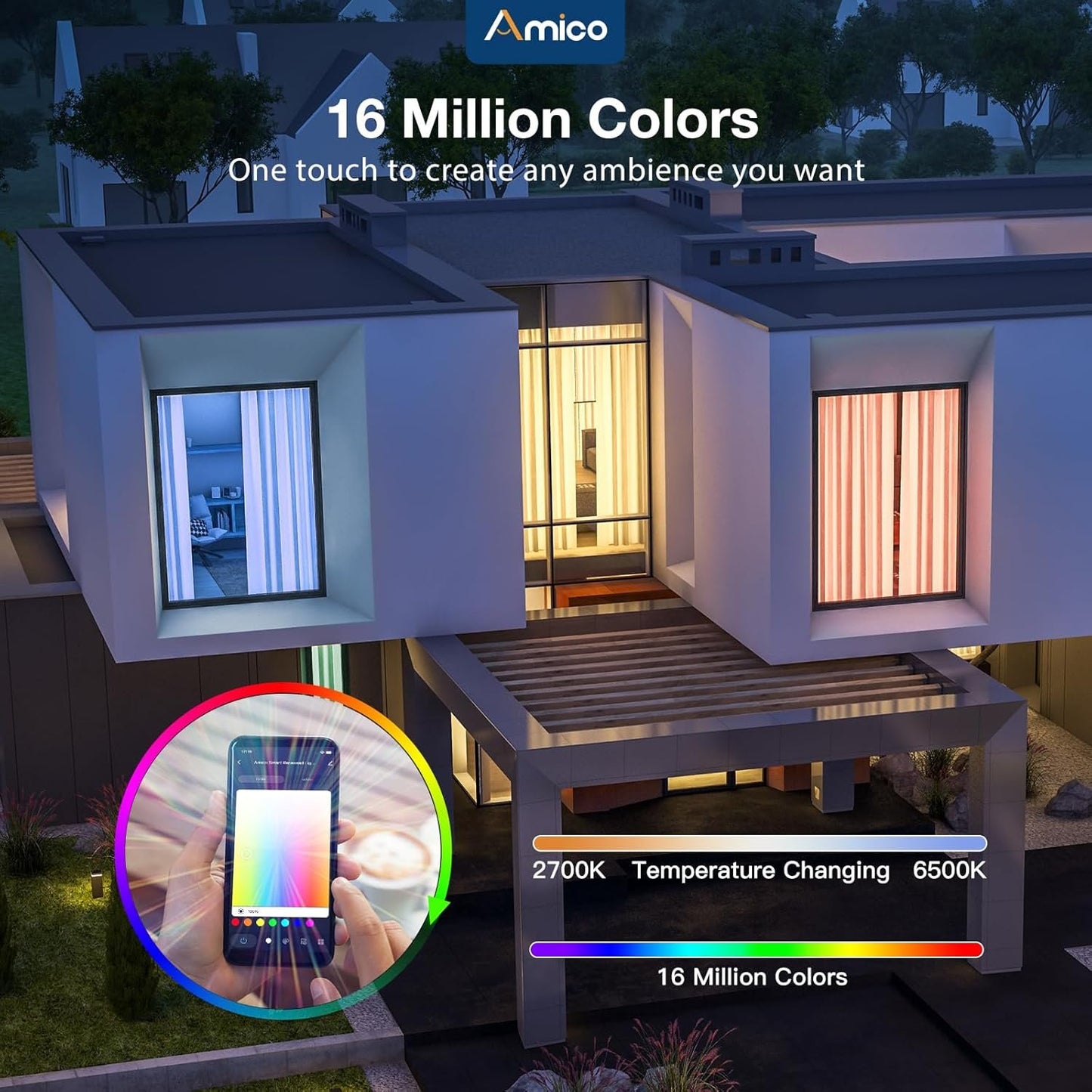 Amico 12 Pack 6 Inch Smart LED Recessed Lighting, WiFi Canless Wafer Downlight with Junction Box, RGB & 2700-6500K Color Changing, 12W=110W 1000LM, Voice&Remote&Group Control