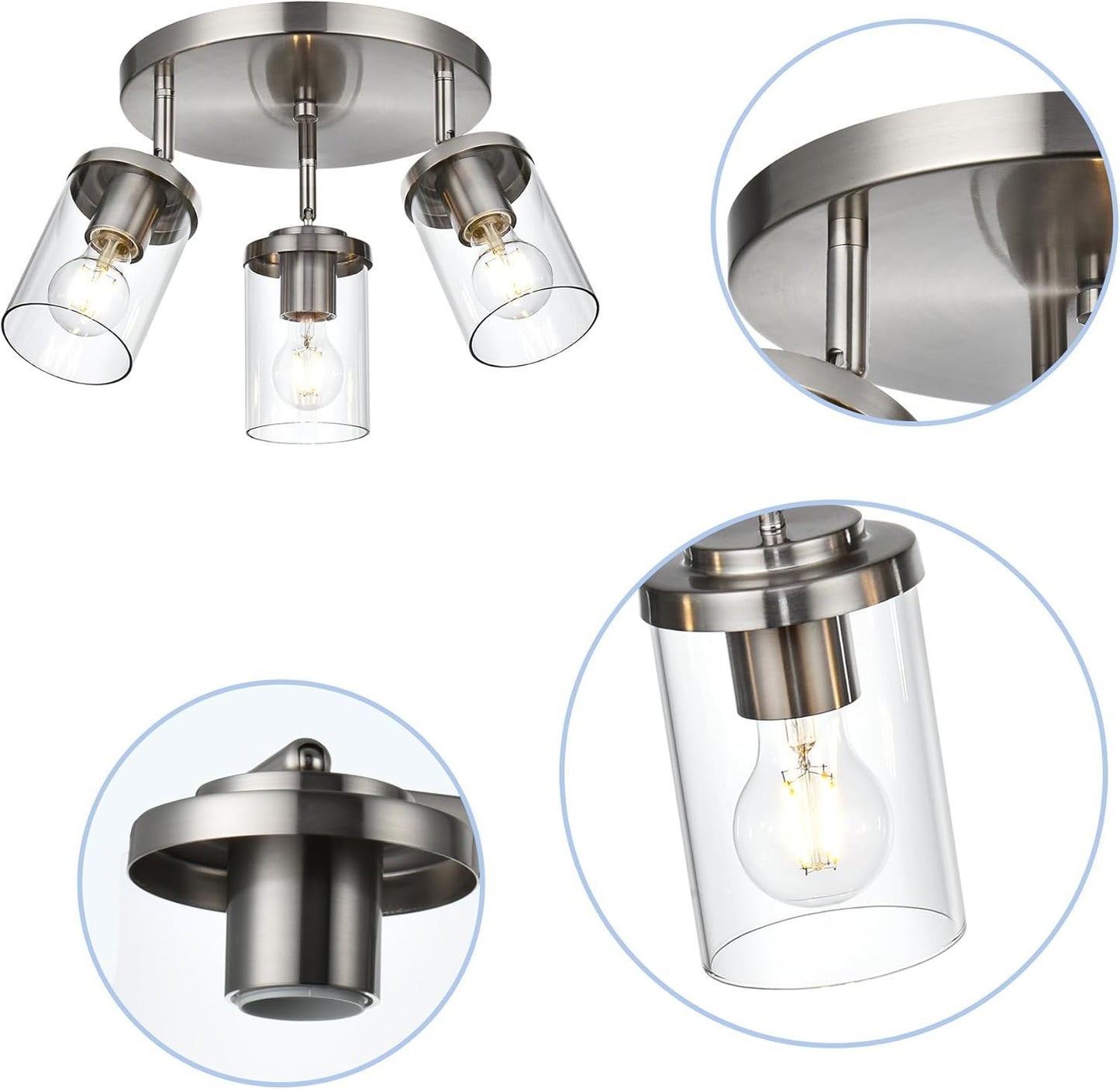 BONLICHT 3-Light Adjustable Round Spotlight Track Lighting Brushed Nickel Kitchen Light Fixture Semi Flush Mount Modern Directional Glass Hallway Ceiling Lights for Bedroom Office Picture Wall Bar