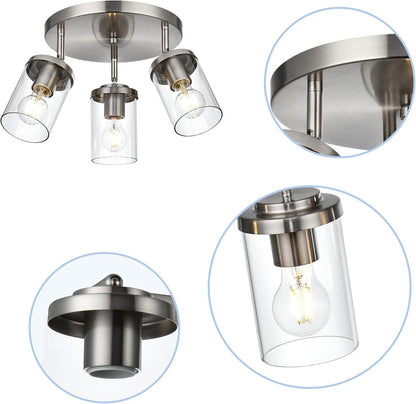 BONLICHT 3-Light Adjustable Round Spotlight Track Lighting Brushed Nickel Kitchen Light Fixture Semi Flush Mount Modern Directional Glass Hallway Ceiling Lights for Bedroom Office Picture Wall Bar
