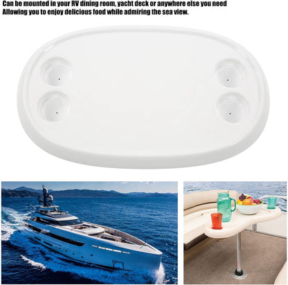 Removable Rectangular Marine RV Table, 680x410mm Oval Table Top Boat Dining Table with 4 Cup Holders Removable Office Desk Rectangle White Humanized for Camper RV Yacht