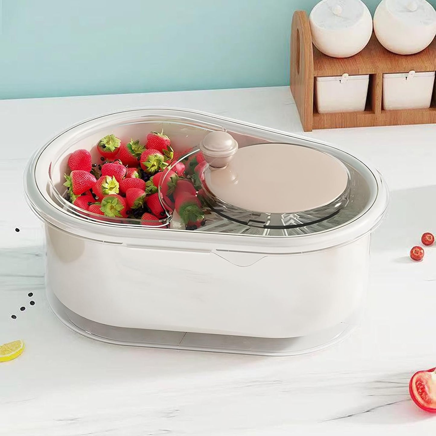 Veggie Spinner Bowl - Food Prep Tool, Salad Washing Basket | 32x24x14cm/12.6x9.45x5.51 inches Vegetable Rinse Device, Fruit Cleaning Container, Leafy Greens Dryer